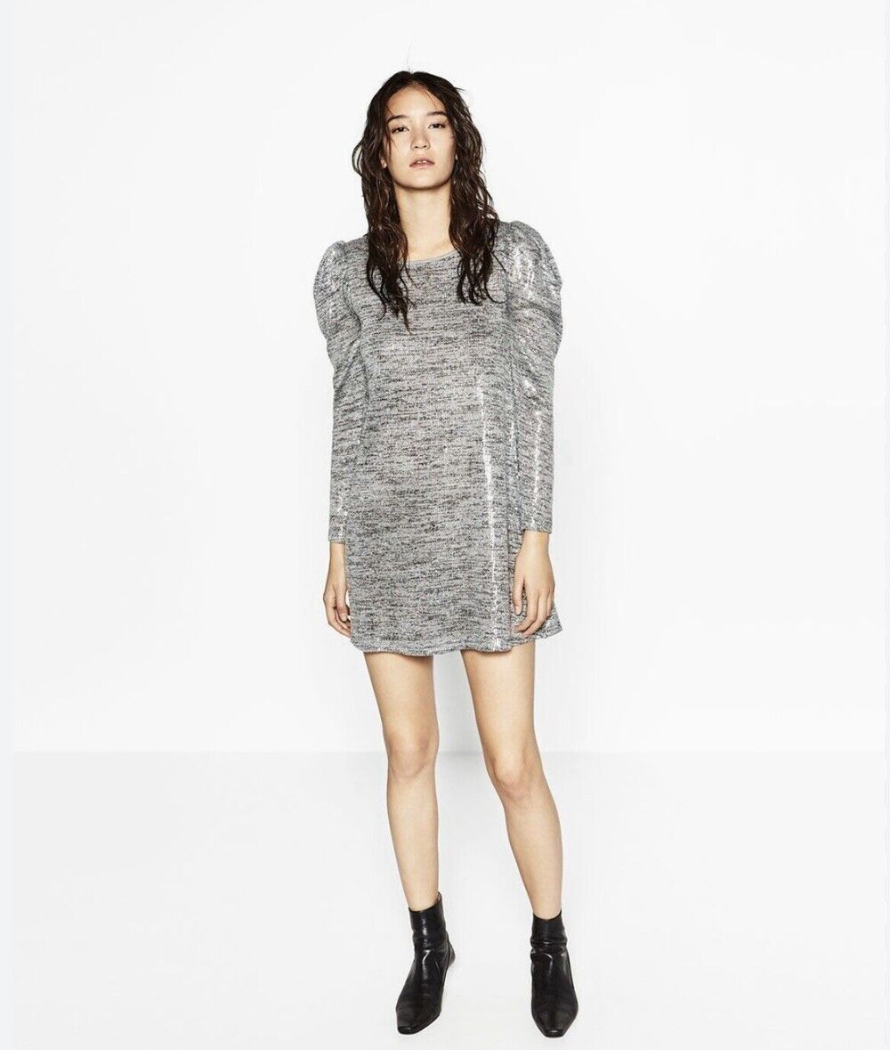ZARA WOMEN'S HEATHER GRAY THIN KNIT LONG PUFF SLEEVE SEQUIN‎ MINI DRESS Sz Large
